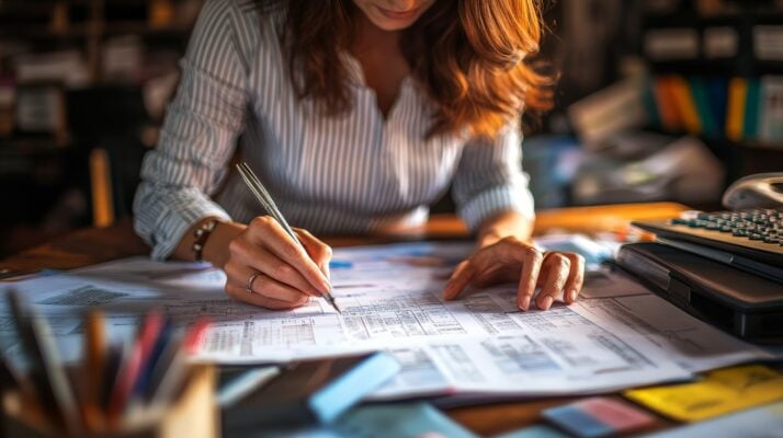 Person reviewing financial documents and records for rental property management
