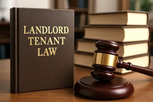 Landlord tenant law essentials with gavel and books in simple legal composition. concept of justice, legal reference, property management, real estate law understanding.