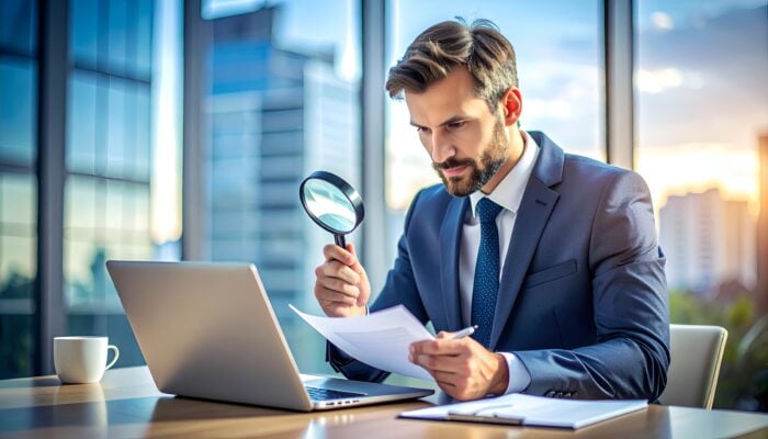 property manager reviewing rental application documents closely