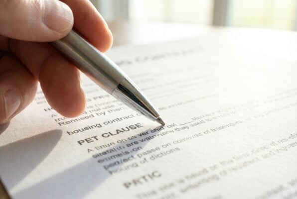 Hand holding a metal pen pointing at the Pet Clause section of a printed housing rental contract
