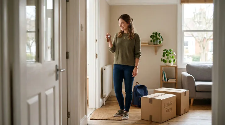 Tenant standing in a rental property with moving boxes and apartment keys