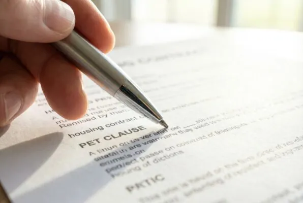 Tenant reviewing lease terms and pet policy in a rental agreement