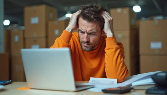 Landlord looking stressed while reviewing rental paperwork and tenant-related issues on a laptop