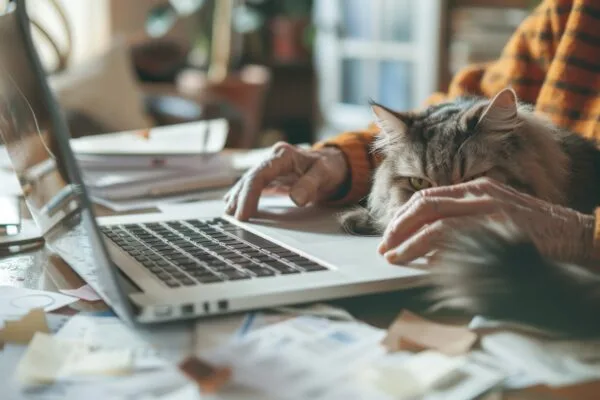 Resident reviewing ESA housing documents while sitting with emotional support cat