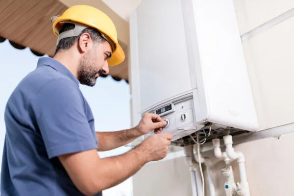 Maintenance technician servicing a heating system in a rental property
