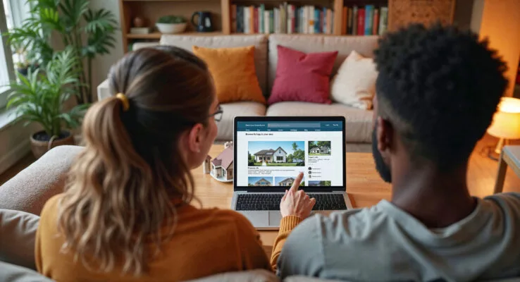 Couple browsing home listings online while planning for future homeownership