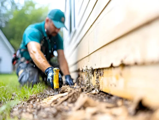 Pest control professional inspecting damage around a rental property