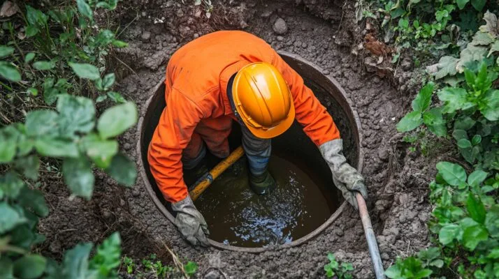 Professional performing septic system maintenance at a rental property