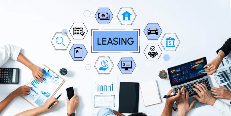 Rental application approval process with leasing and property management icons