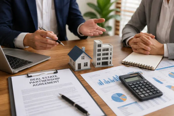 Real estate partners reviewing a partnership agreement and investment documents