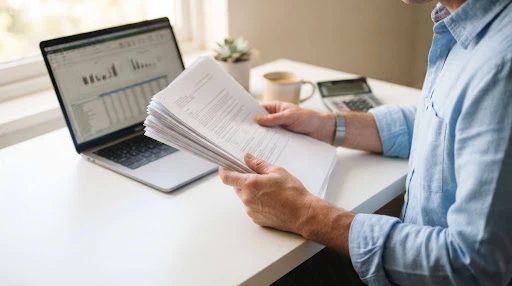 Property manager reviewing rental applications during the tenant screening process.