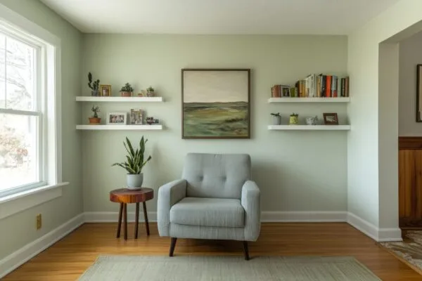 Rental property interior with soft sage green walls, white trim, and warm wood flooring