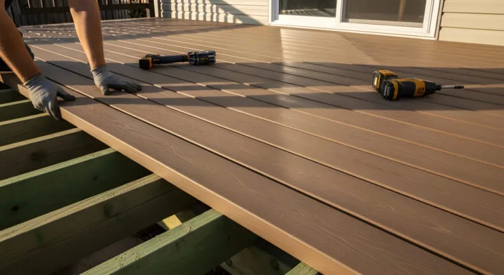 Contractor installing durable decking material during a rental property renovation