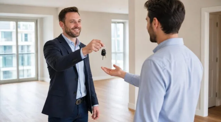Rental property owner handing the keys to a new tenant inside the home