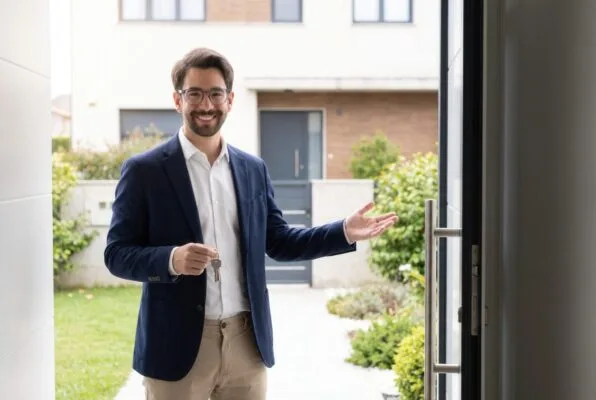 Rental property owner holding keys and welcoming a tenant into the home