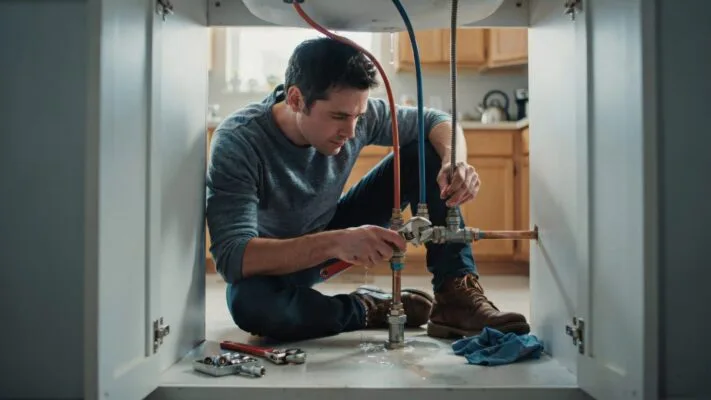Maintenance professional repairing plumbing at a rental property
