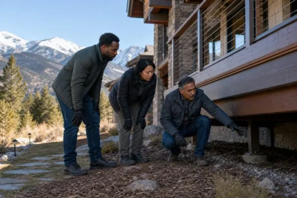 Home inspector checking beneath a property with potential rental property buyers before they make an offer