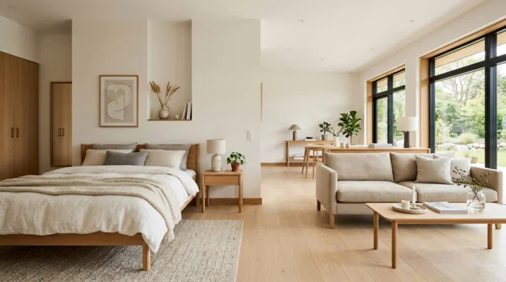 Updated rental property interior with warm neutral finishes and modern upgrades