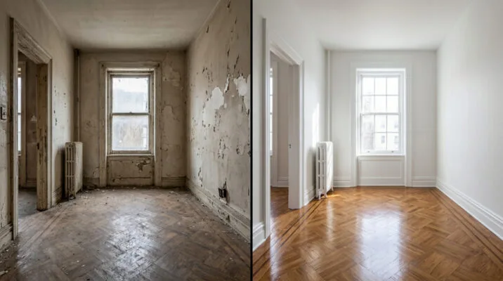 Before-and-after view showing rental property renovations to update an older interior