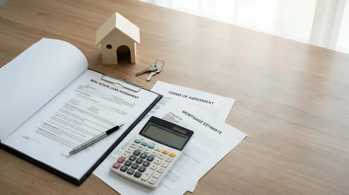 Mortgage documents, calculator, keys, and house model used to calculate rental property purchase costs