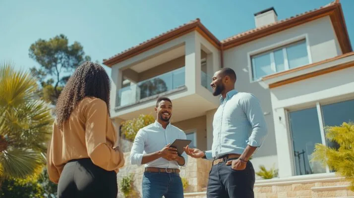 Property manager speaking with rental property owners outside a home