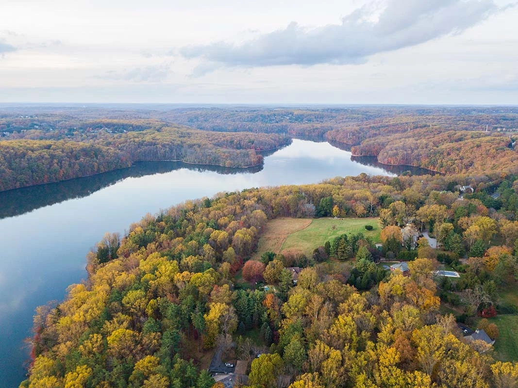 Aerial of Loch Raven Reservoir in Baltimore County, Maryland dur | Bay Property Management Group