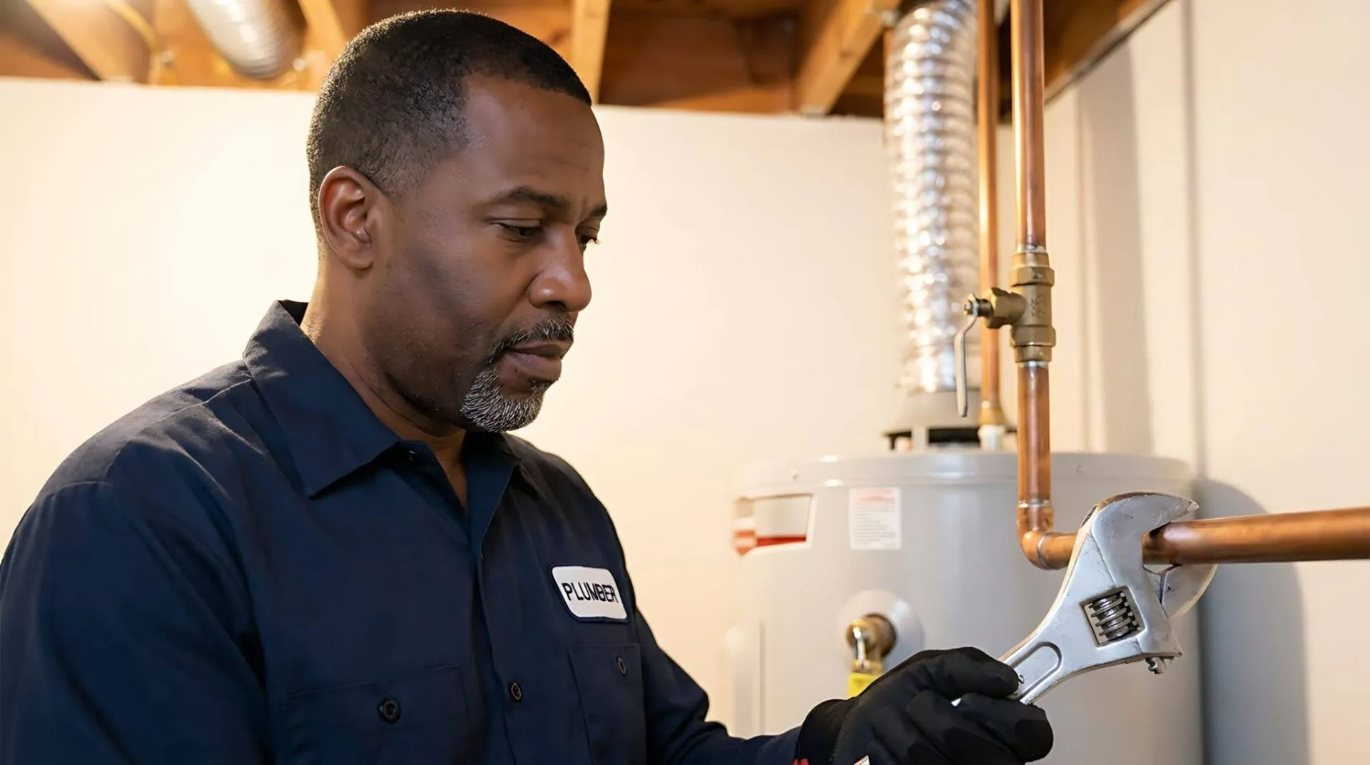 Plumber repairing pipes near a water heater in a rental property