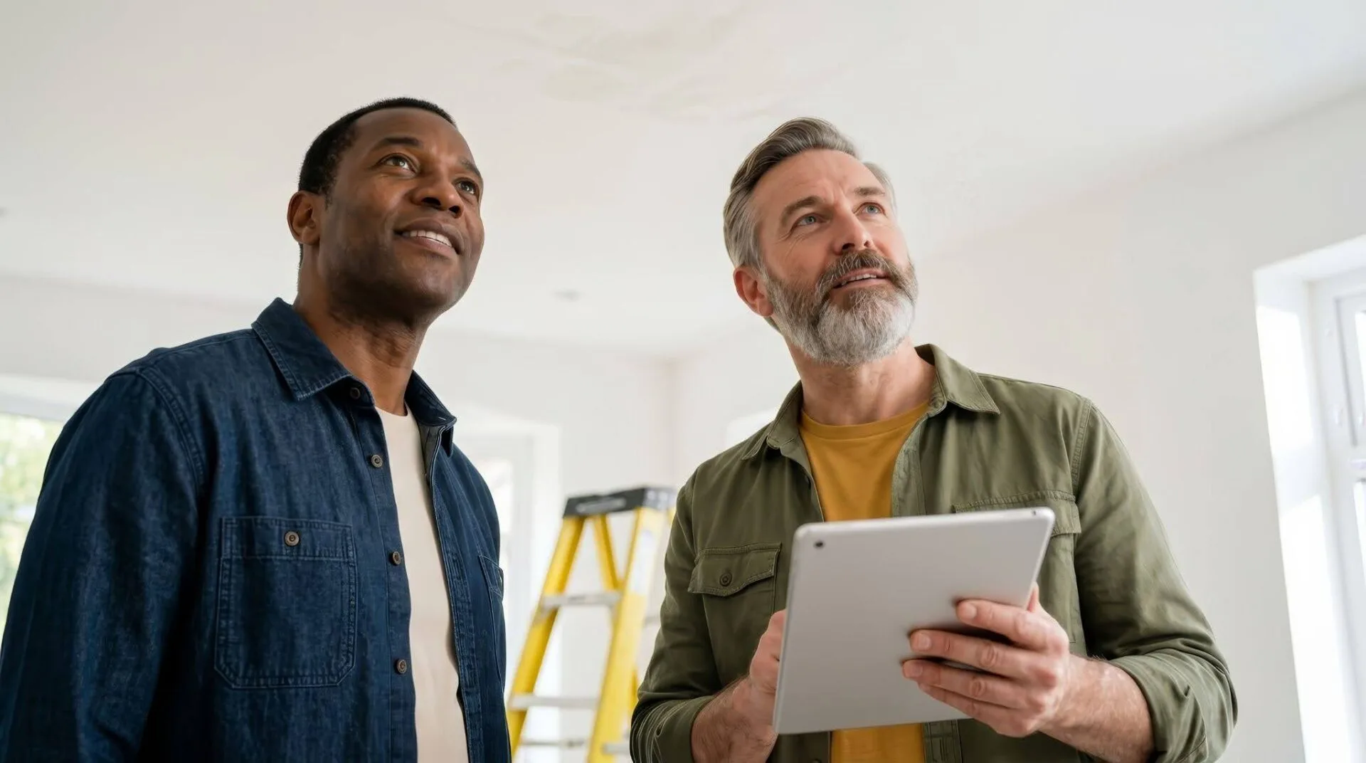 Two men assessing rental property repair work