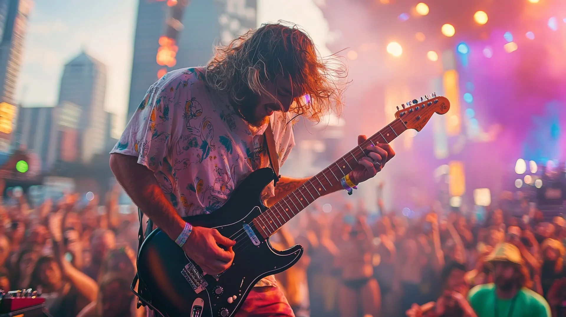 Wide-angle shot of a guitarist performing passionately on stage at Austin City Limits Festival with blurred crowd, vibra